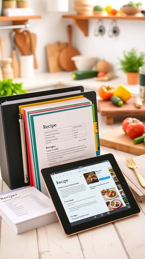 Effective Recipe Organization Ideas An organized recipe binder, index cards, and a tablet in a cozy kitchen.